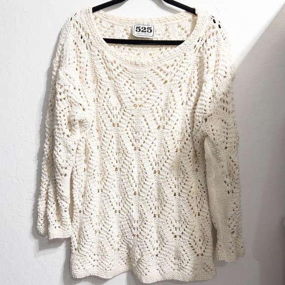 525 Sweater Open Knit Pullover Cotton One Size Ivory Cream Coastal Boho - Picture 1 of 4